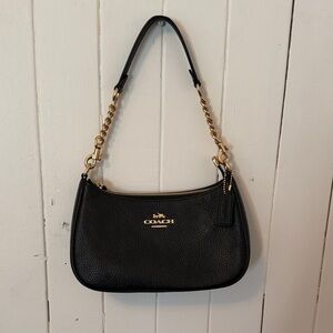 Coach Black Pebbled Leather Shoulder Bag with Gold Chain